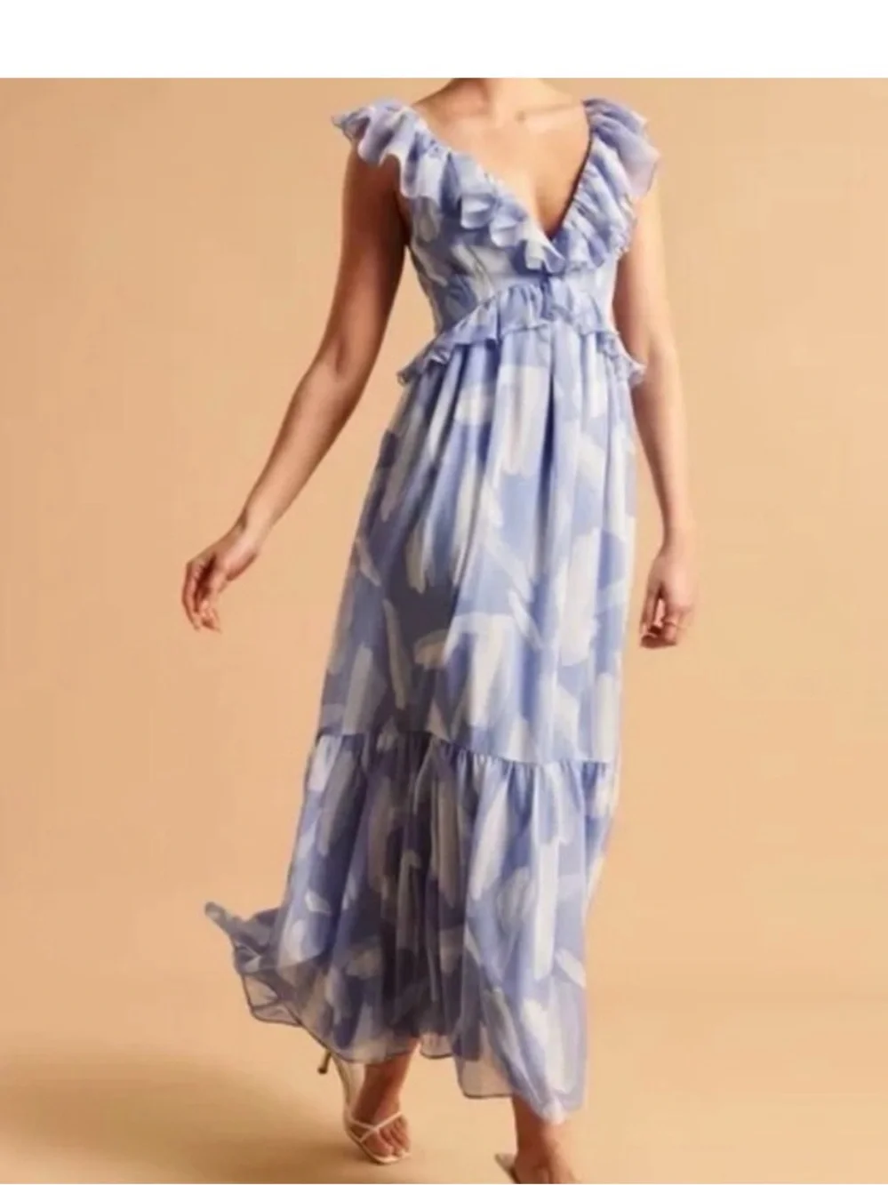 ABERCROMBIE & FITCH Drama Ruffle Maxi Dress Blue Clouds Size Small Tall